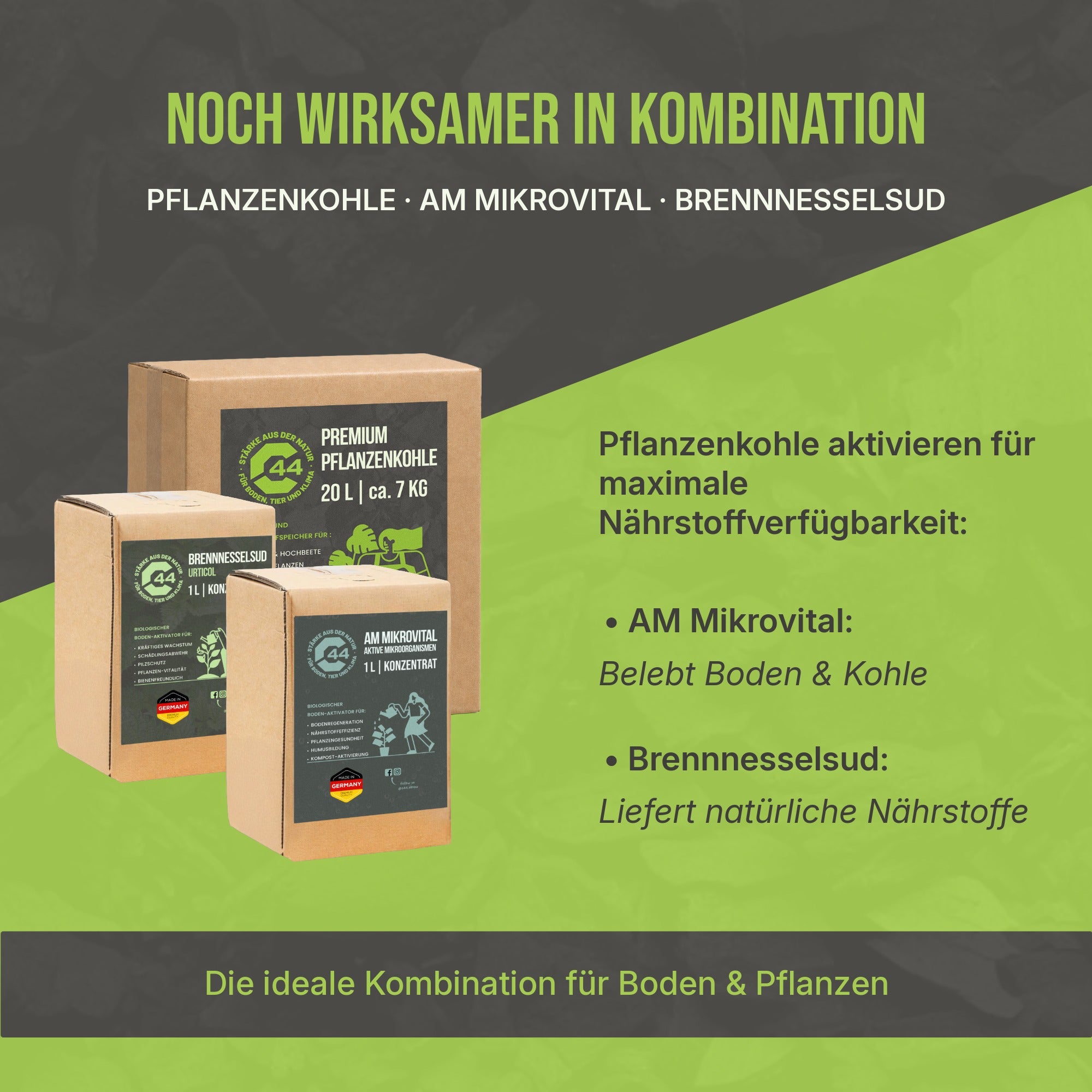 Produkte, die gut mit Pflanzenkohle - Brennnesselsud und aktiven Mikroorganismen - harmonieren