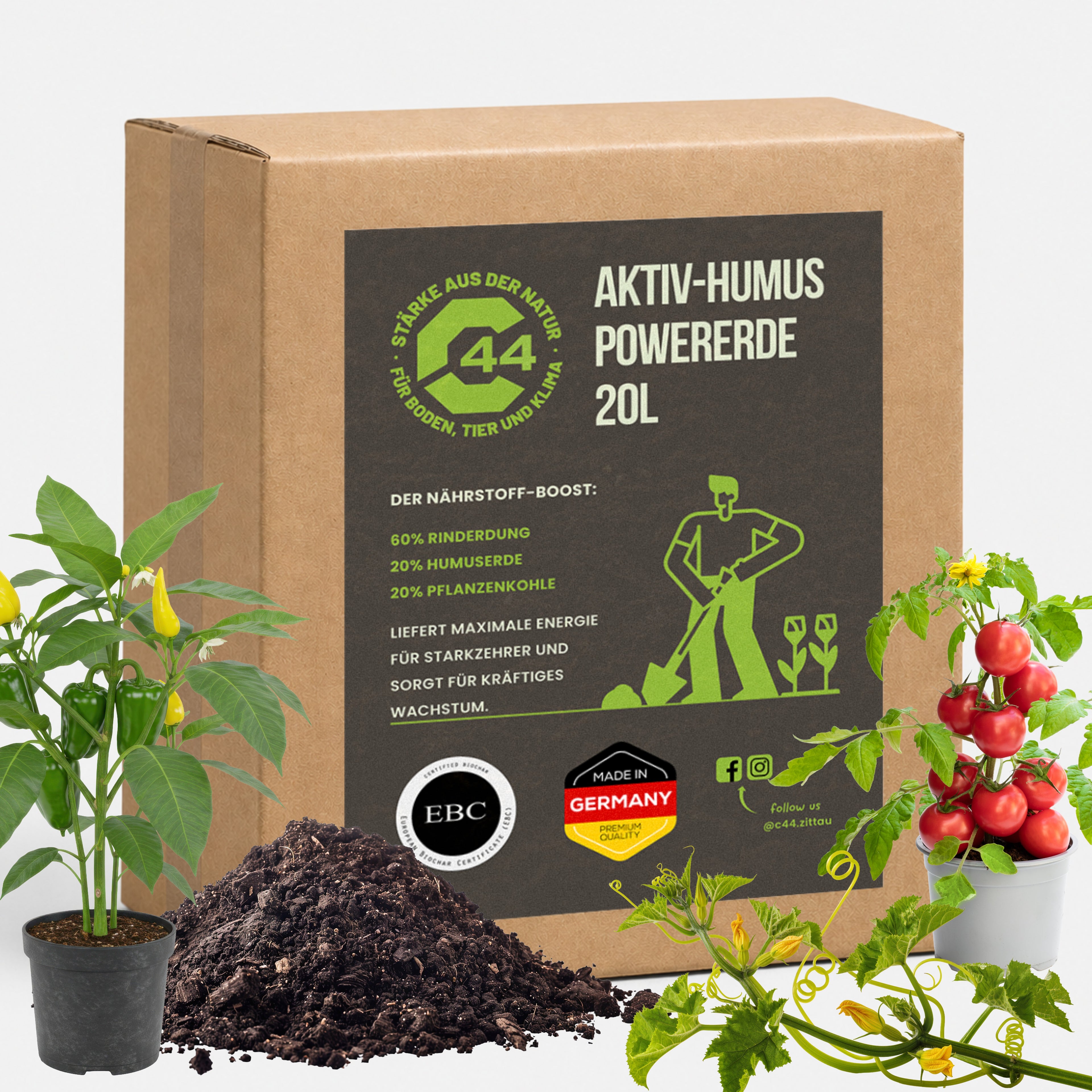 C44 Aktiv-Humus PowerErde | Premium Bio-Pflanzerde mit Rinderdung – 20L