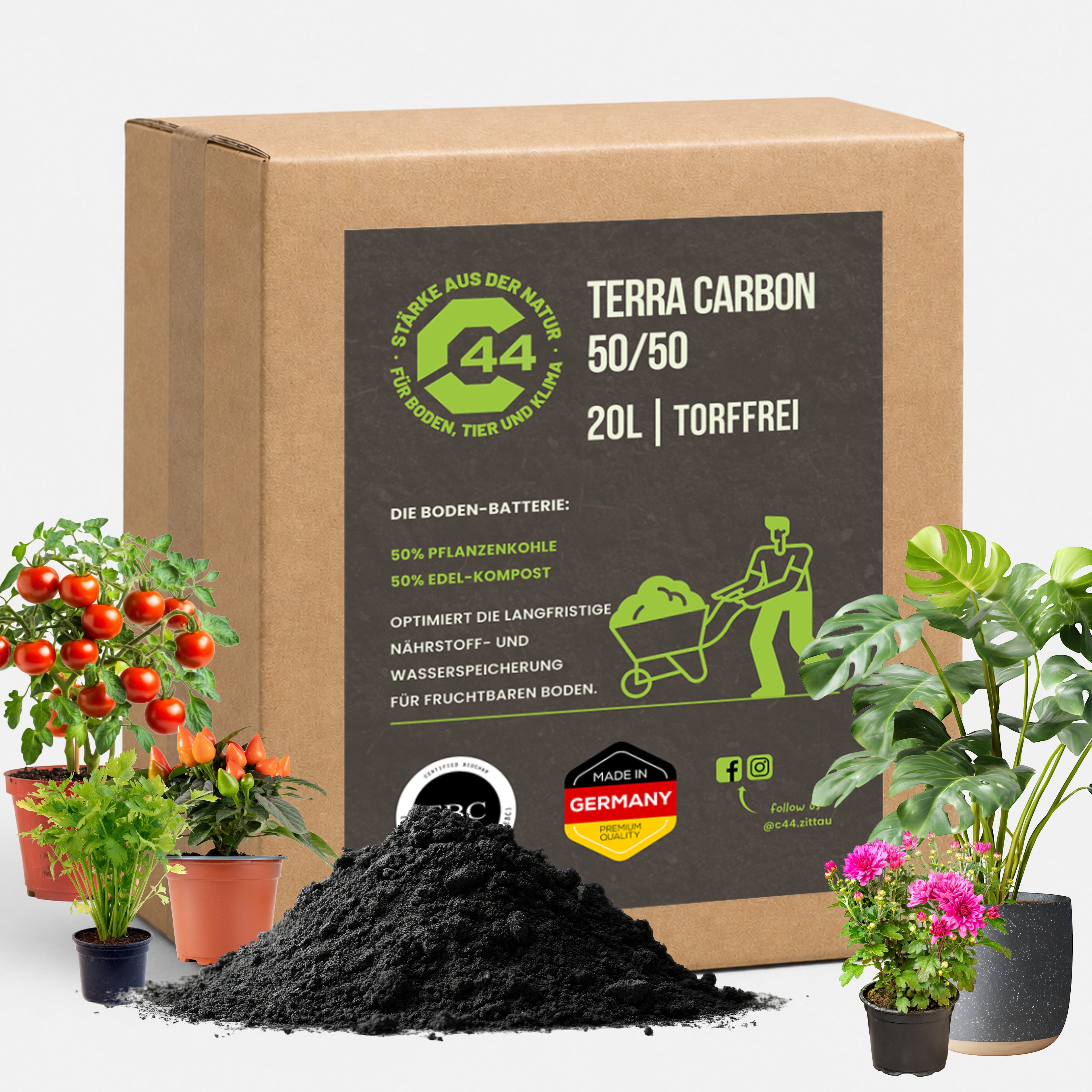 C44 Terra Carbon 50/50 | Bio-Bodenaktivator mit 50% Pflanzenkohle – 20L