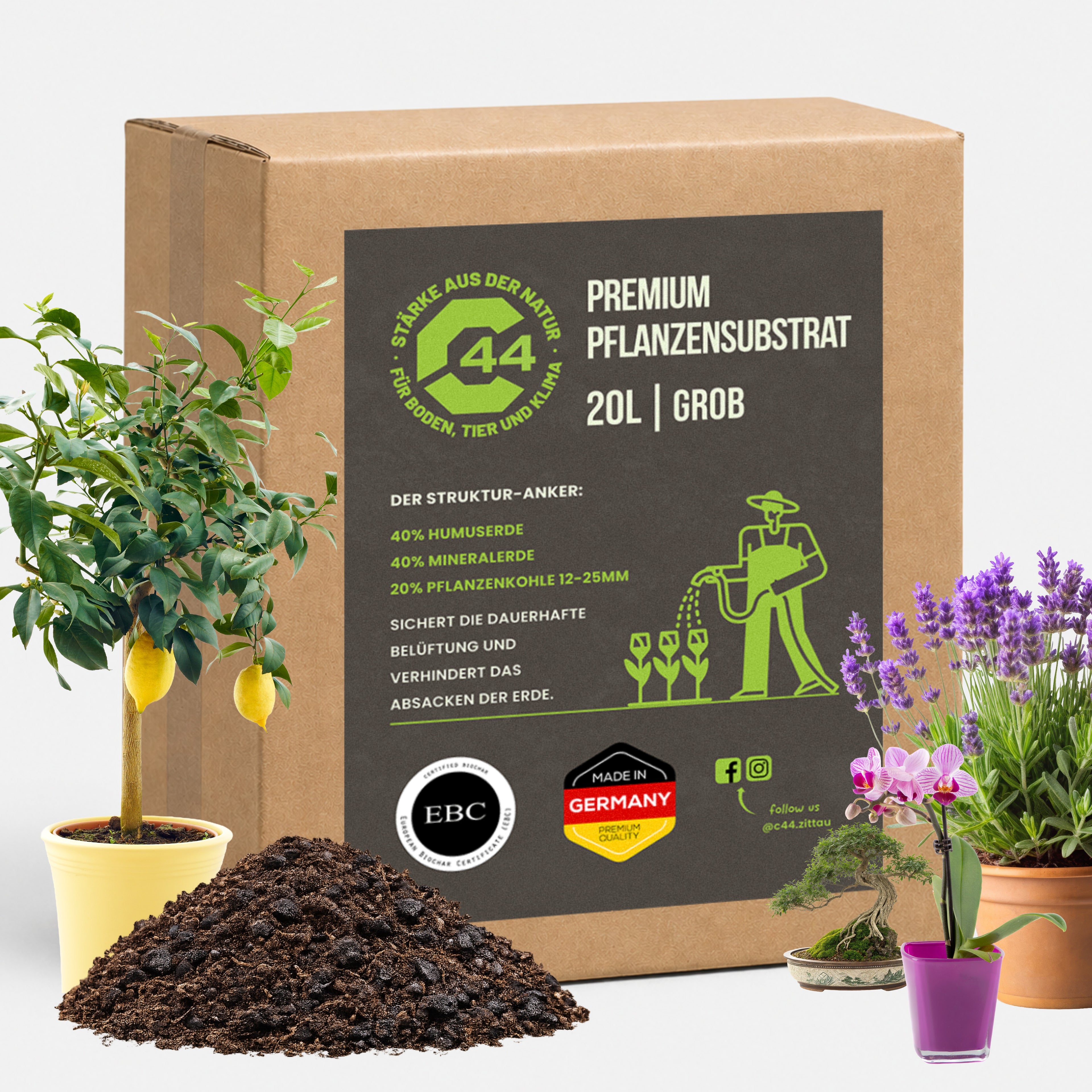 C44 Premium Pflanzensubstrat GROB | Strukturstabil & Drainagestark (12-25 mm) – 20L