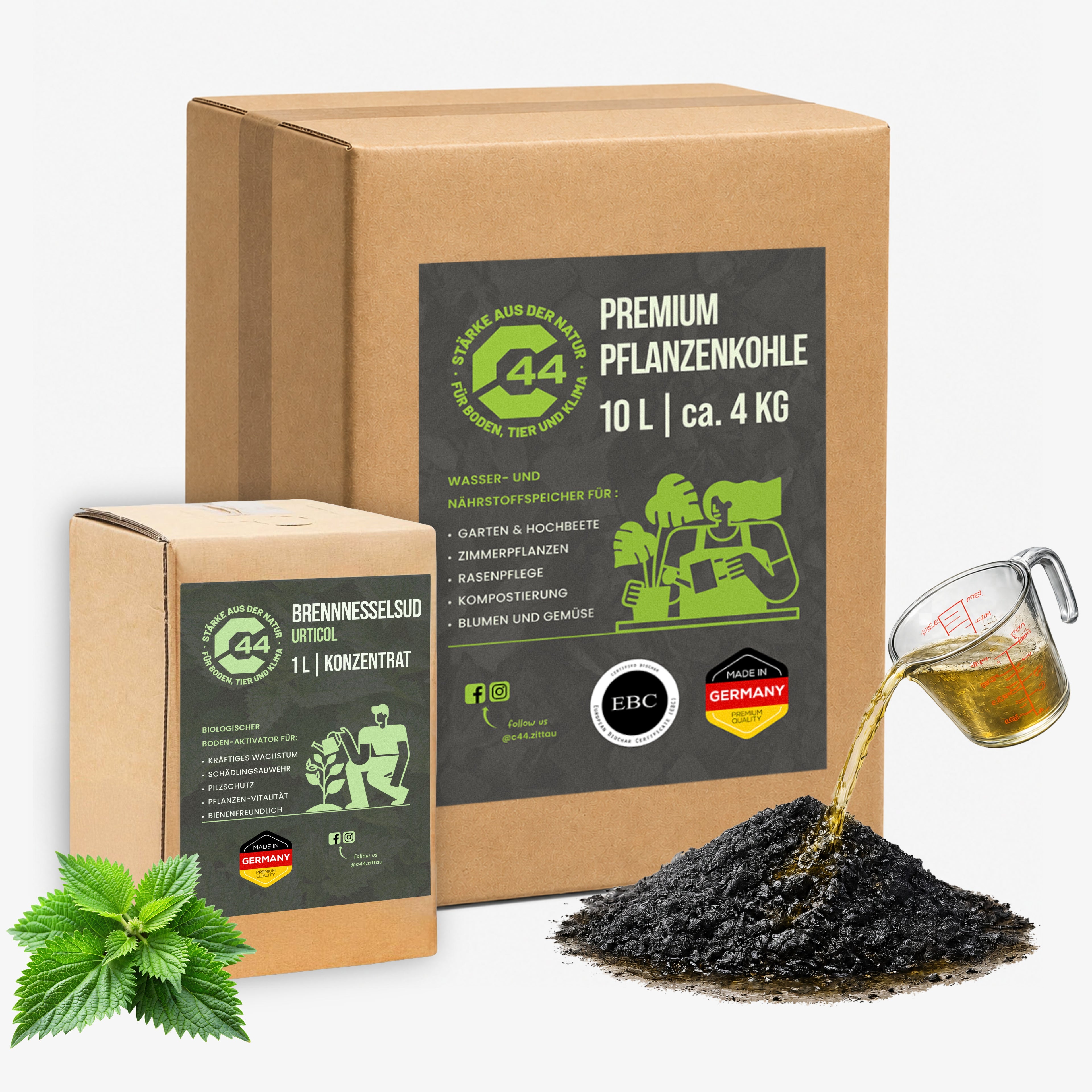 C44 Pflanzenkohle Aktivierungsset | Brennnesselsud + Premium Pflanzenkohle Bundle