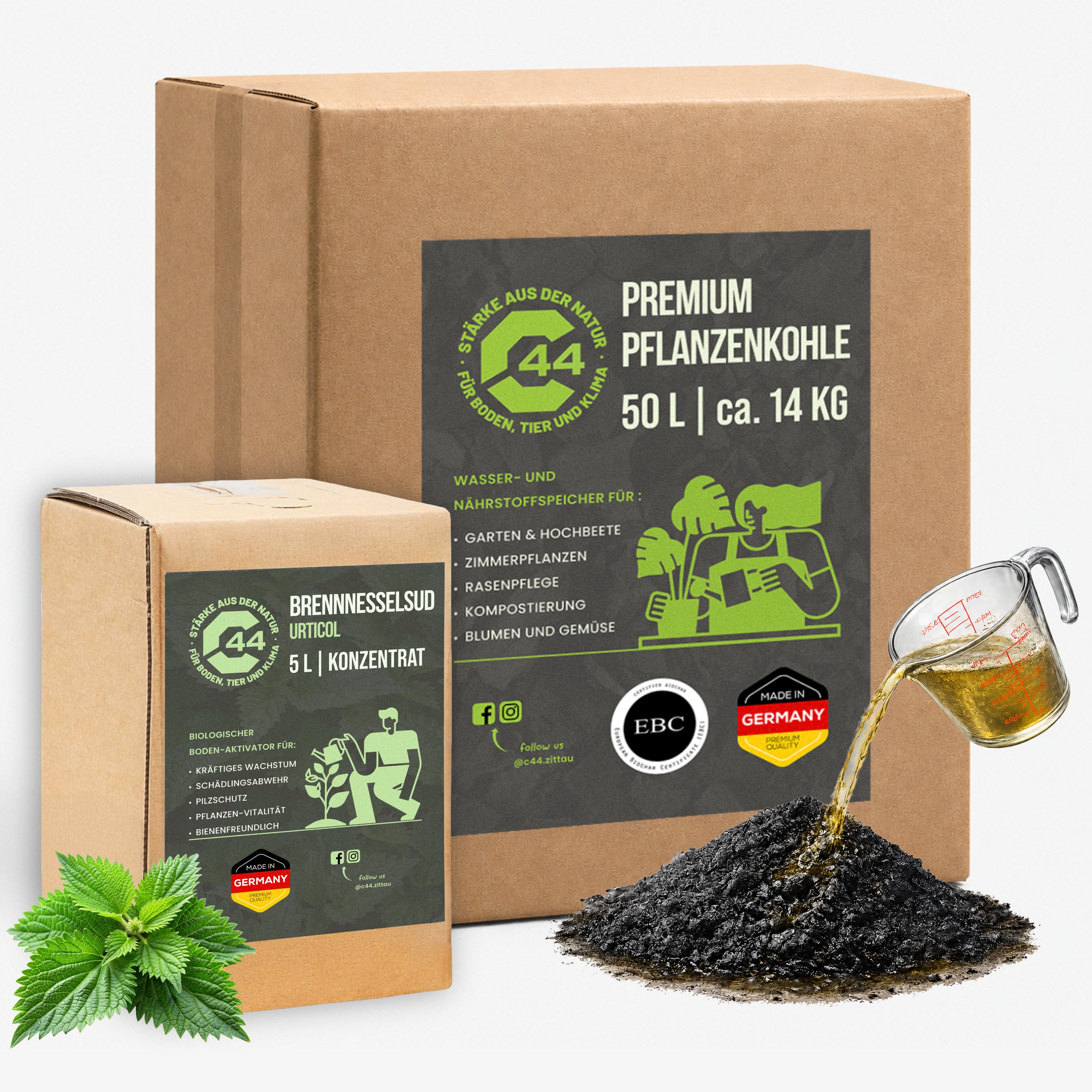C44 Pflanzenkohle Aktivierungsset | Brennnesselsud + Premium Pflanzenkohle Bundle