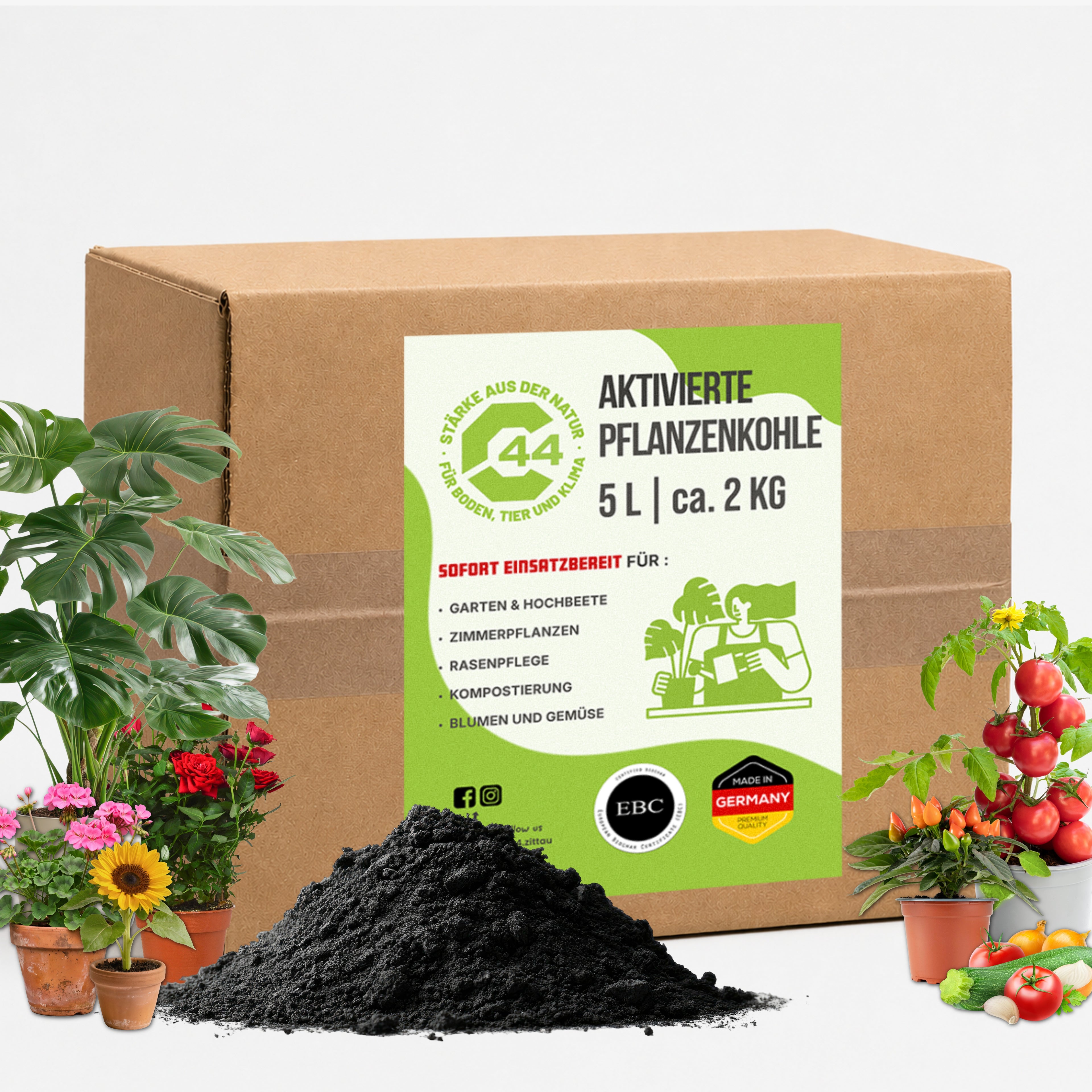 C44 Aktivierte Pflanzenkohle 5L | Bio-Bodenhilfsstoff | Sofort einsatzbereit