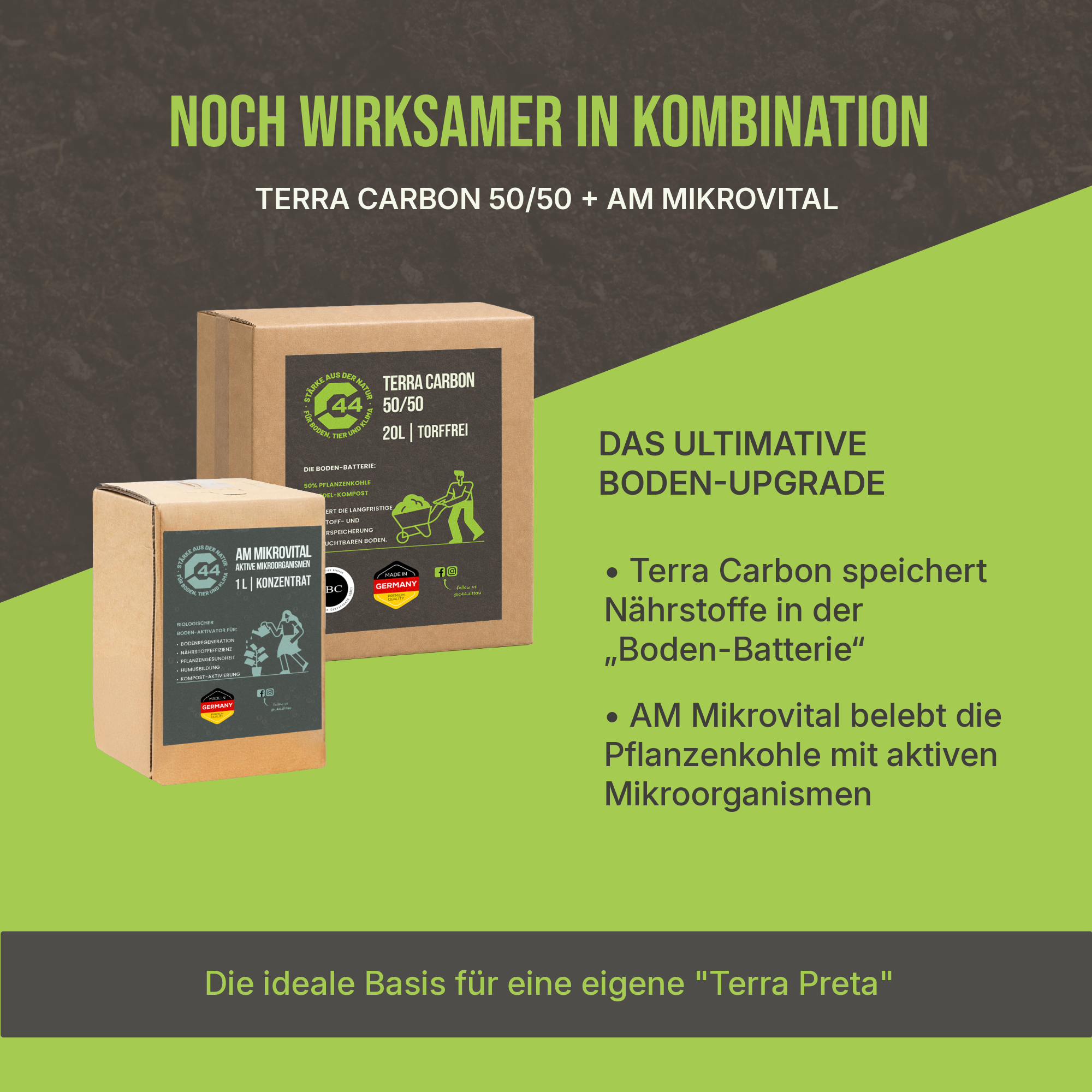C44 Terra Carbon 50/50 | Bio-Bodenaktivator mit 50% Pflanzenkohle – 20L