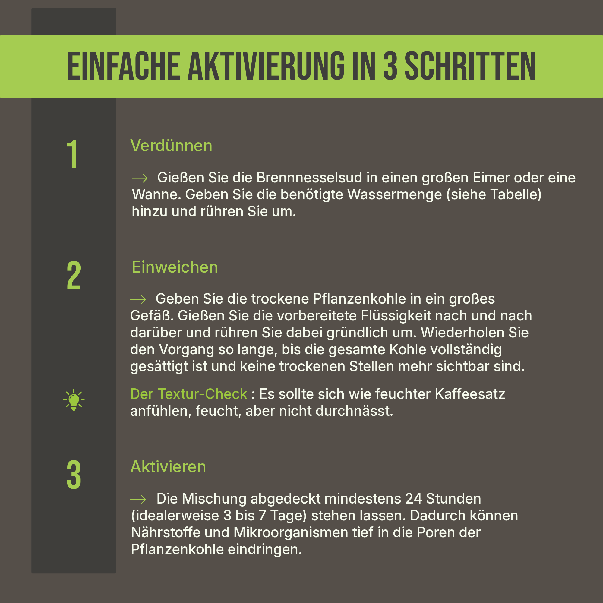Schritt-für-Schritt-Anleitung: Biokohle mit Brennnesseltee/Wasser vermischen und mindestens 24 Stunden ziehen lassen.