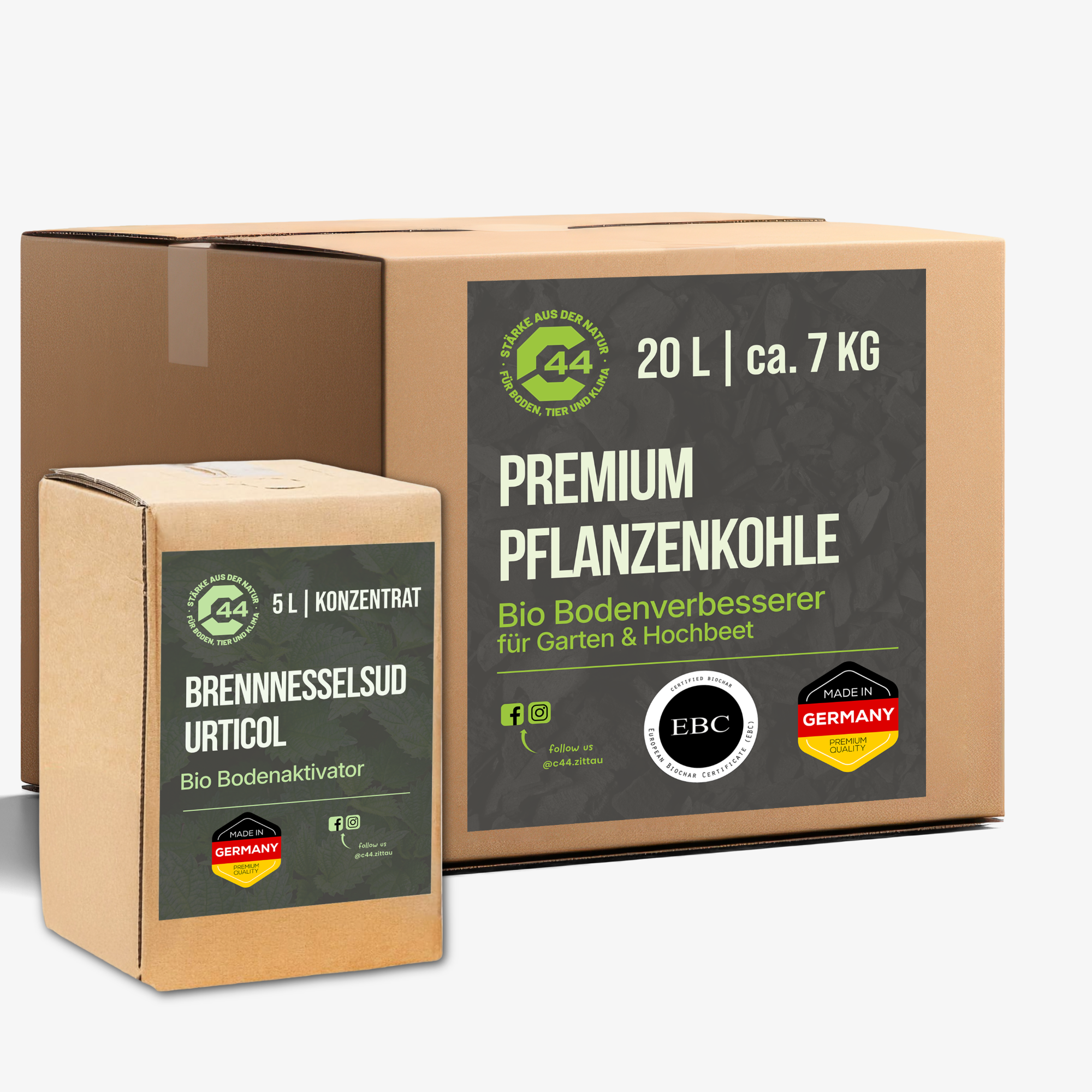 C44 Terra Preta Starter-Set: 20 Liter Pflanzenkohle und 5 Liter Brennnesselsud zur Bodenaktivierung.