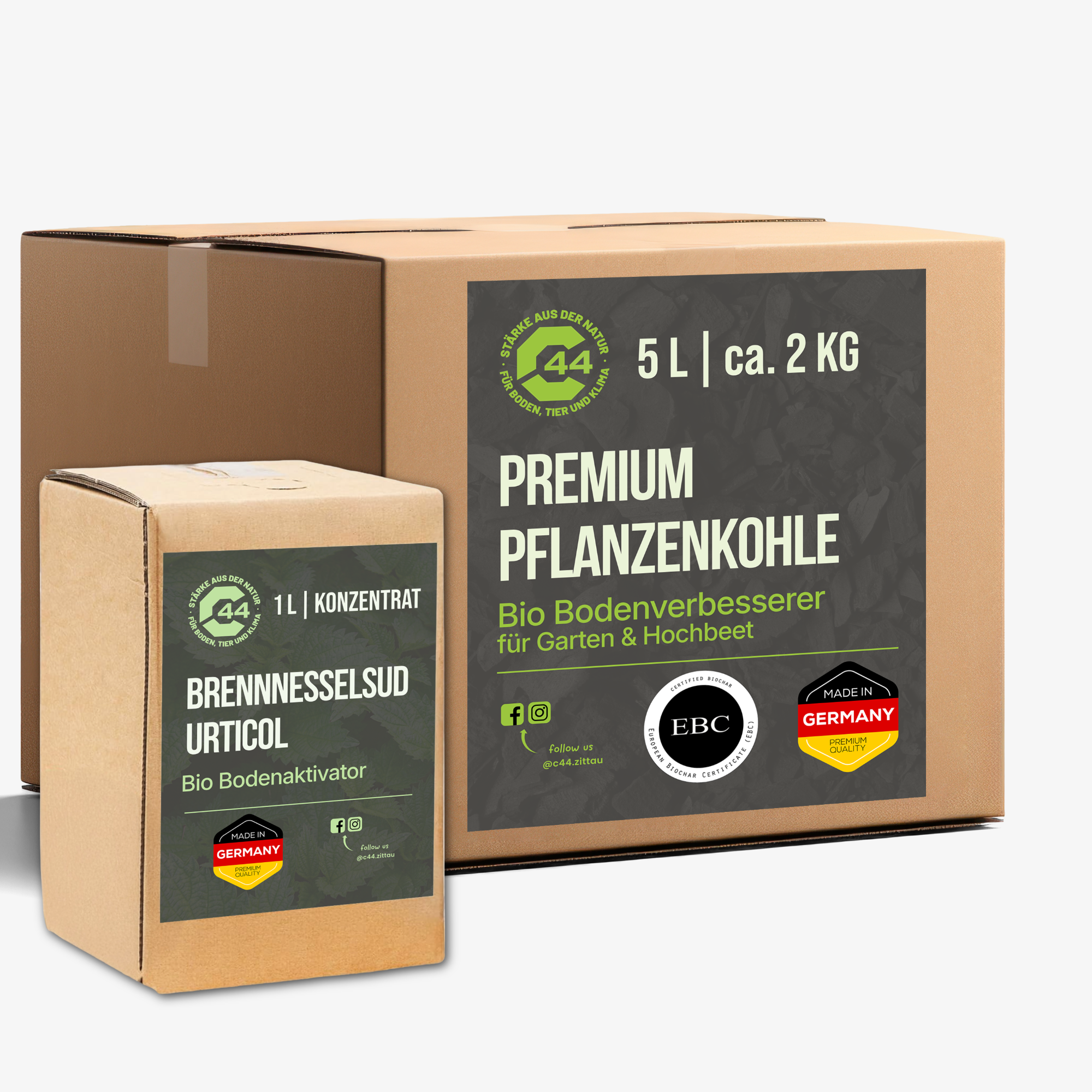 C44 Terra Preta Starter-Set: 5 Liter Pflanzenkohle und 1 Liter Brennnesselsud zur Bodenaktivierung.