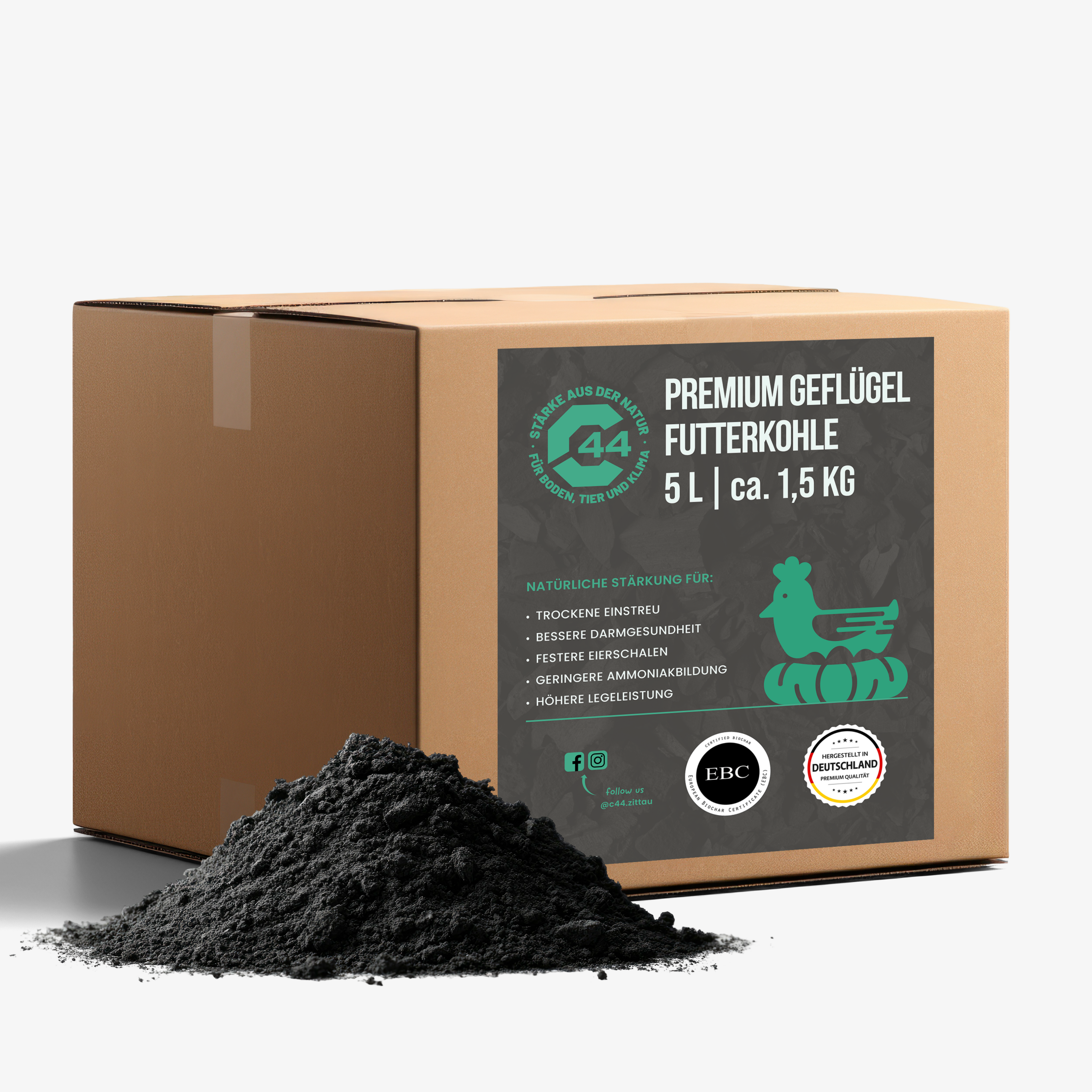 C44 Premium Futterkohle für Geflügel und Hühner im 5 Liter Karton – Fördert Vitalität und Stallhygiene.