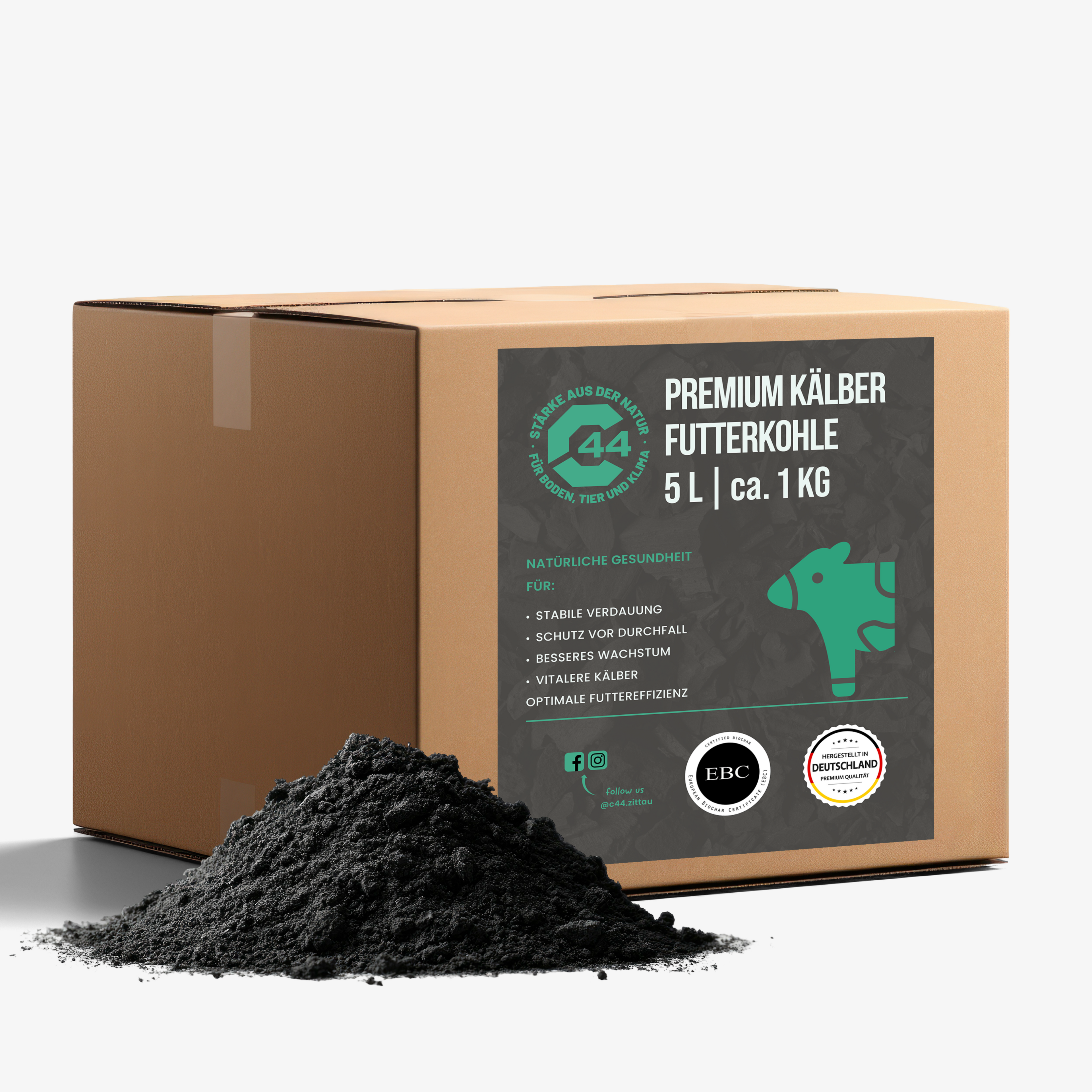 C44 Premium Futterkohle für Kälber im 5 Liter Karton – Unterstützung der Darmstabilität in der Aufzuchtphase.
