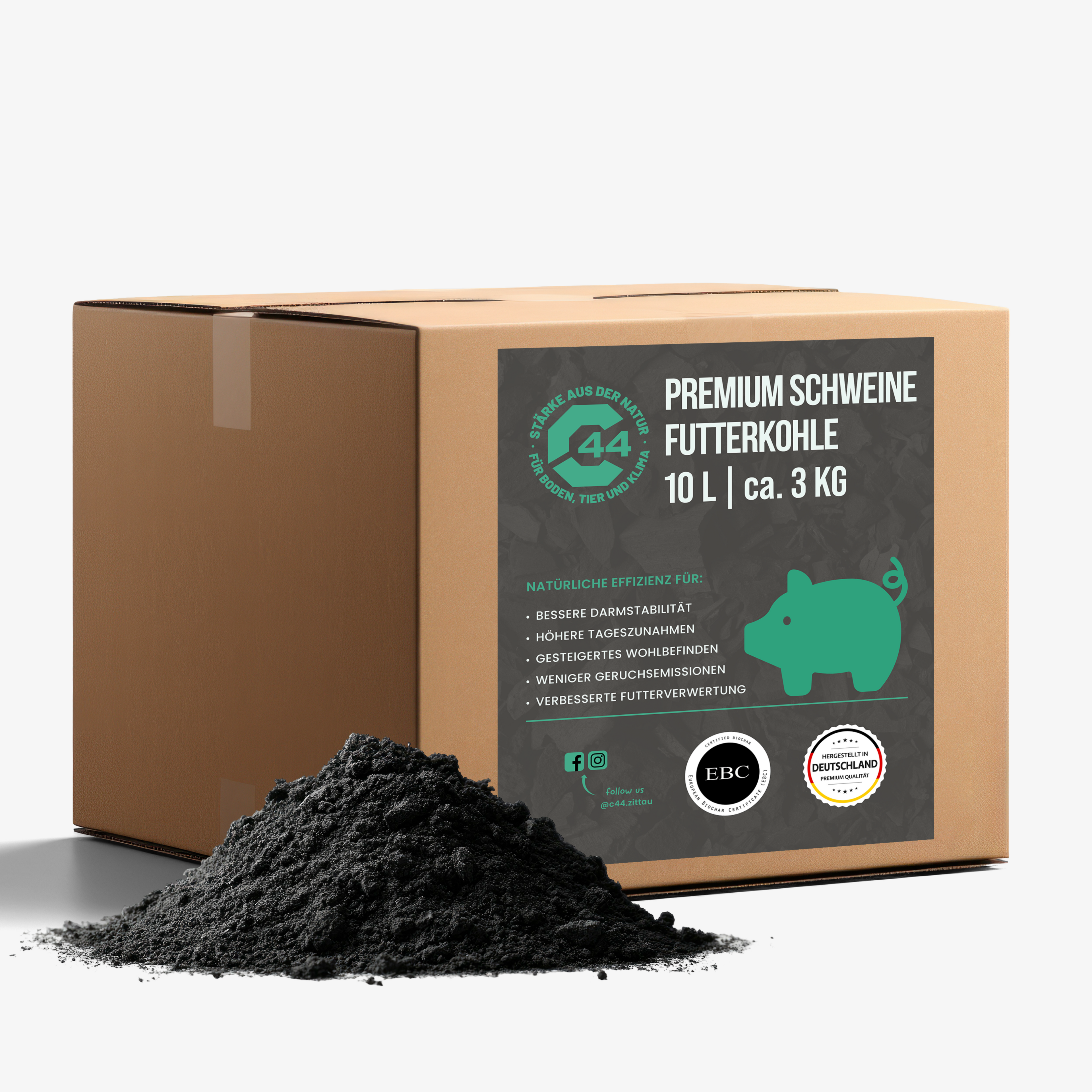 C44 Premium Futterkohle für Schweine im 10 Liter Karton – Zur Optimierung der Futterverwertung und des Stallklimas.