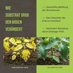 Vorher-Nachher Vergleich: Gesunde Wurzeln ohne Staunässe und kein Absacken der Erde in tiefen Gefäßen.
