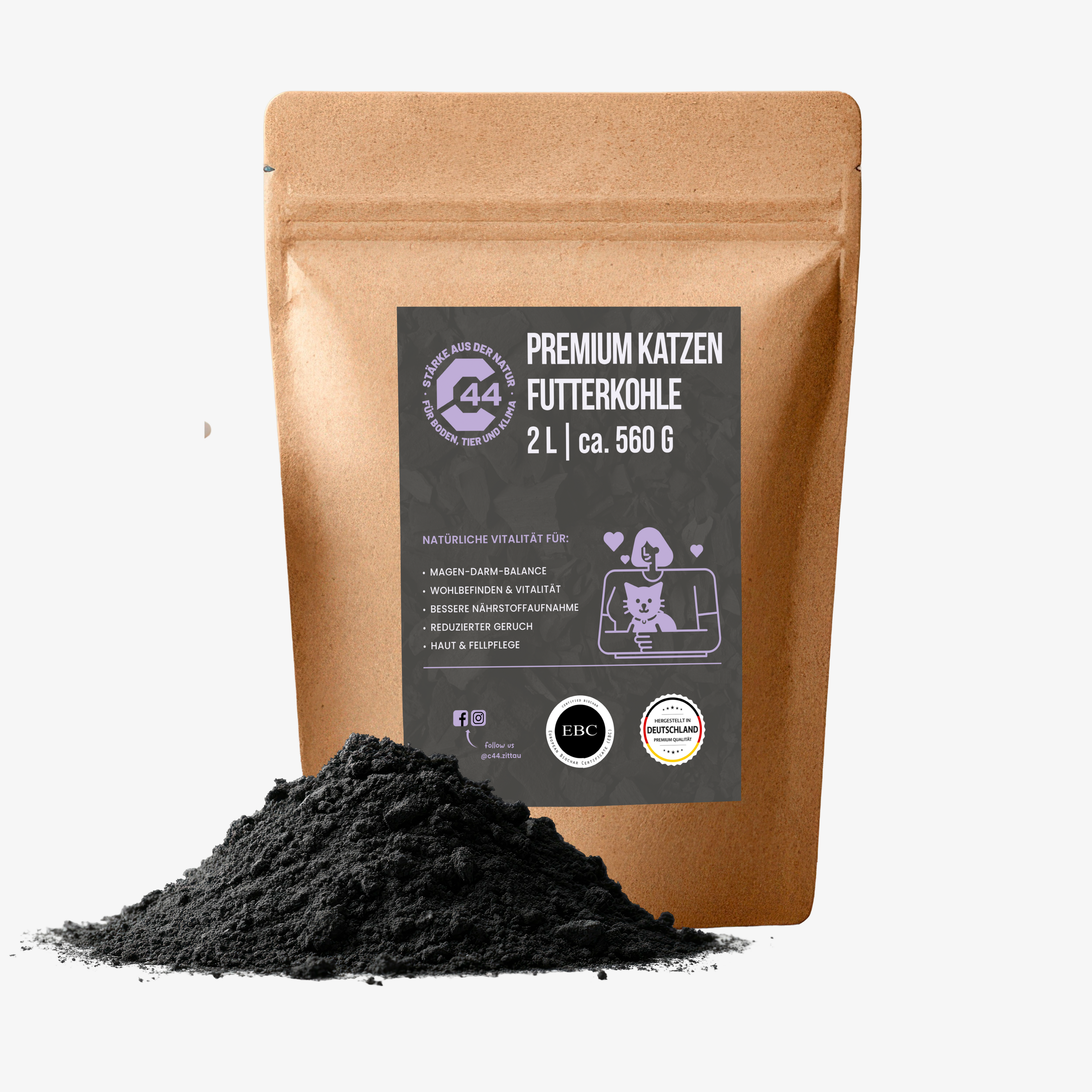 C44 Premium Futterkohle für Katzen in der 2L Dose – Natürliches Ergänzungsfuttermittel für die Verdauung.