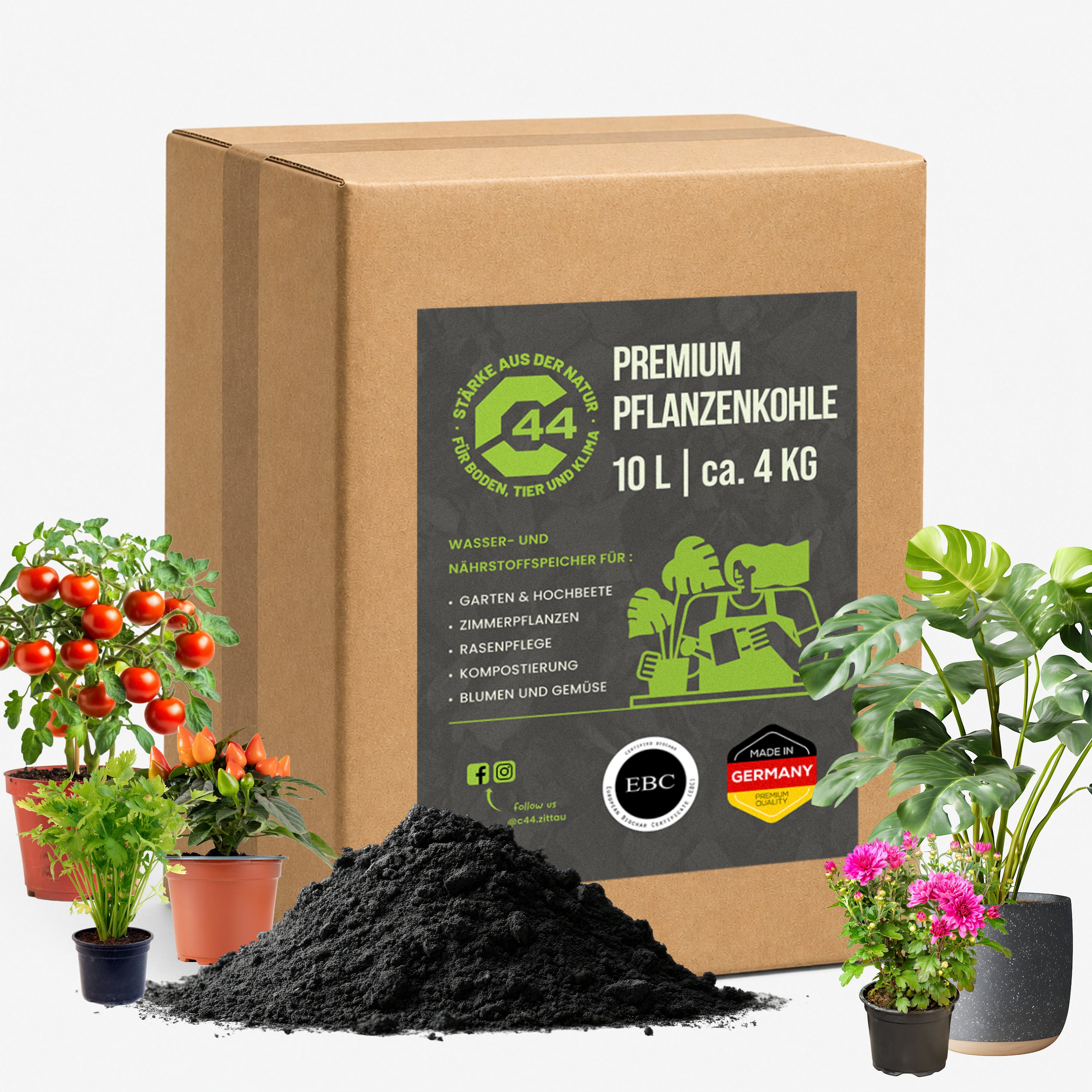 C44 Premium Pflanzenkohle Karton 10L – Bodenhilfsstoff für Terra Preta und Humusaufbau.