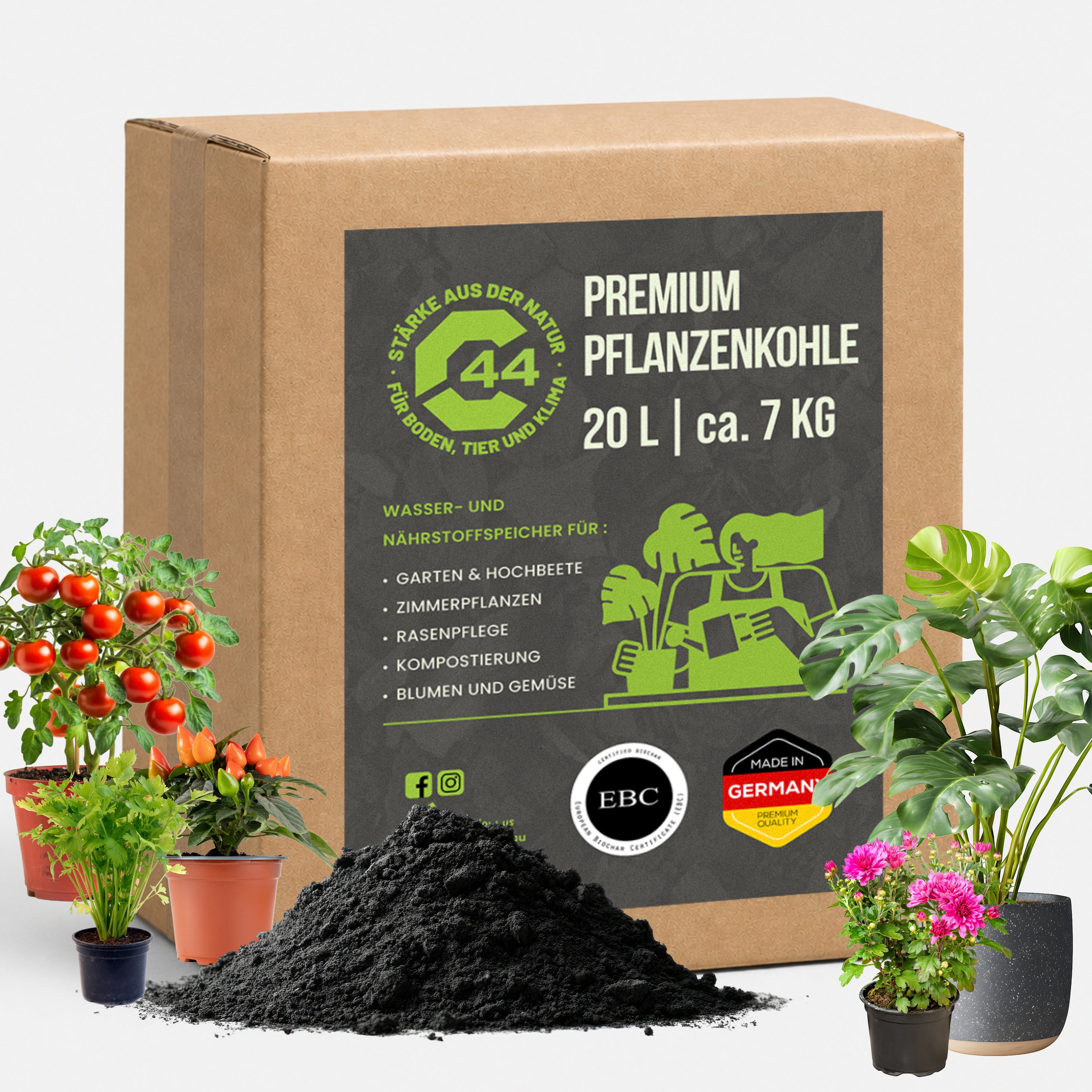 C44 Premium Pflanzenkohle Karton 20L – Bodenhilfsstoff für Terra Preta und Humusaufbau.