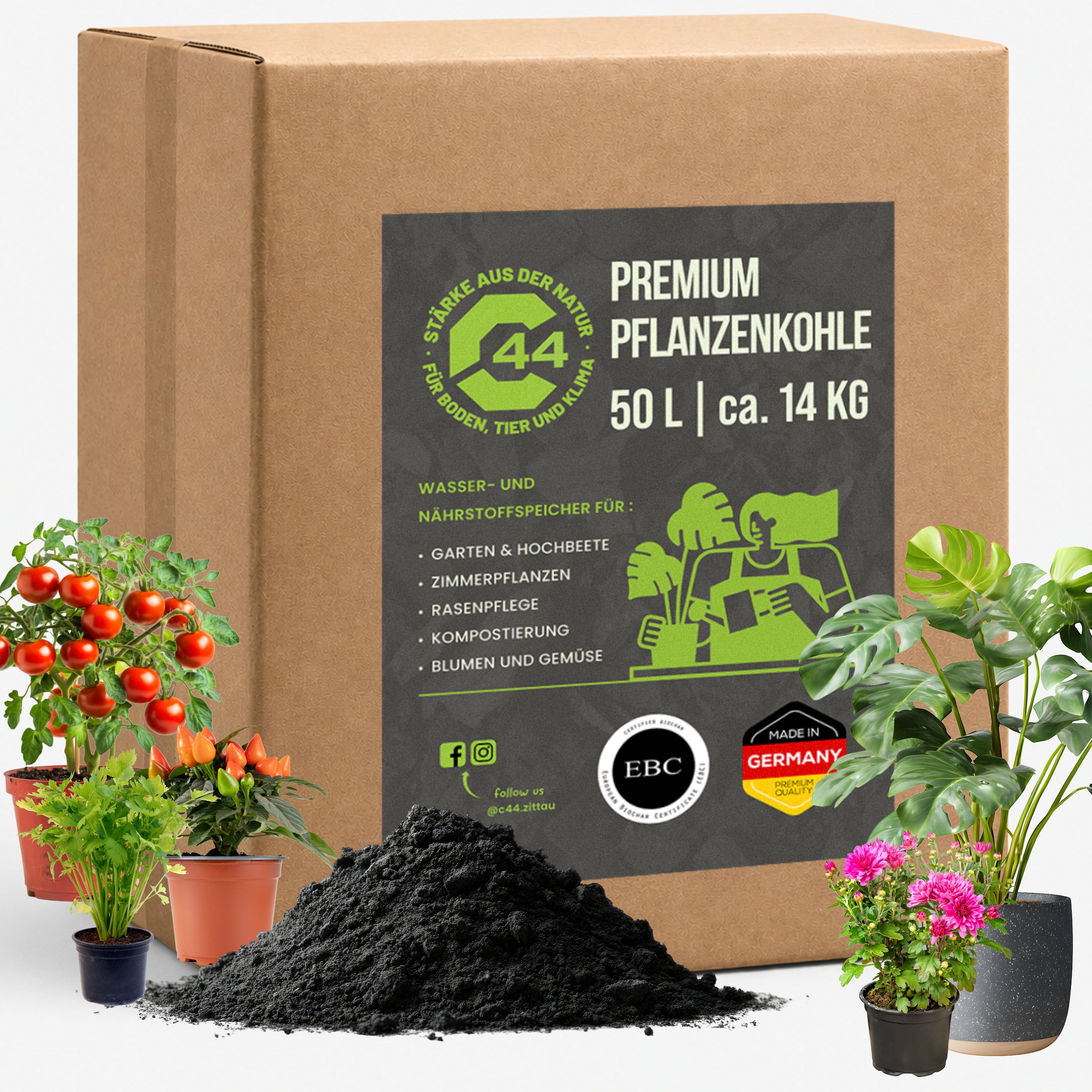 C44 Premium Pflanzenkohle Karton 50L – Bodenhilfsstoff für Terra Preta und Humusaufbau.