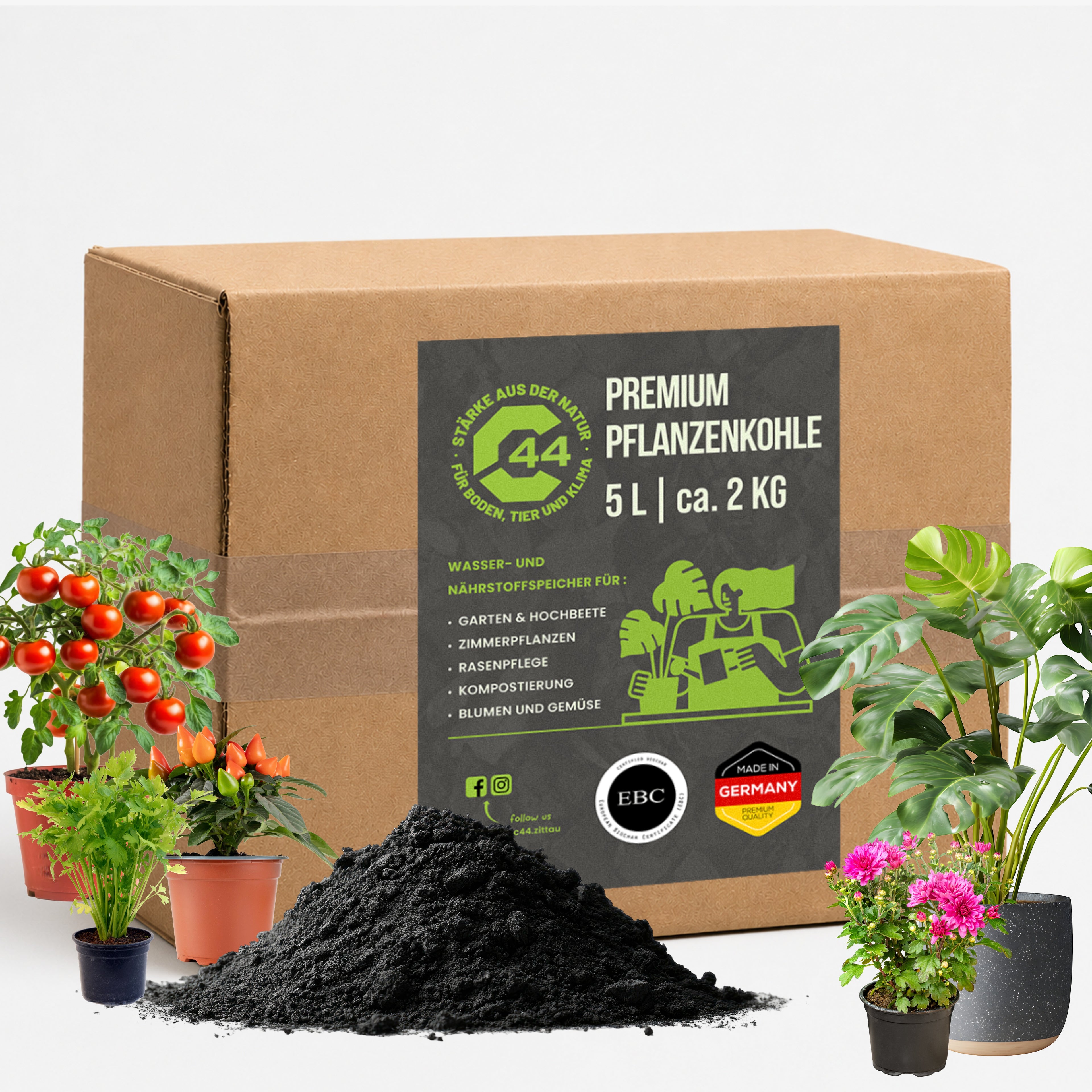 C44 Premium Pflanzenkohle Karton 5L – Bodenhilfsstoff für Terra Preta und Humusaufbau.
