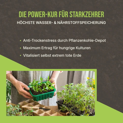 Produkt-Highlights: Fokus auf Anti-Trockenstress durch maximalen Pflanzenkohle-Anteil.