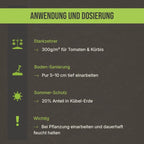 Anwendungsgrafik: So dosieren Sie Terra Aktiv No. 3 für Tomaten, Kürbis und zur Bodensanierung.