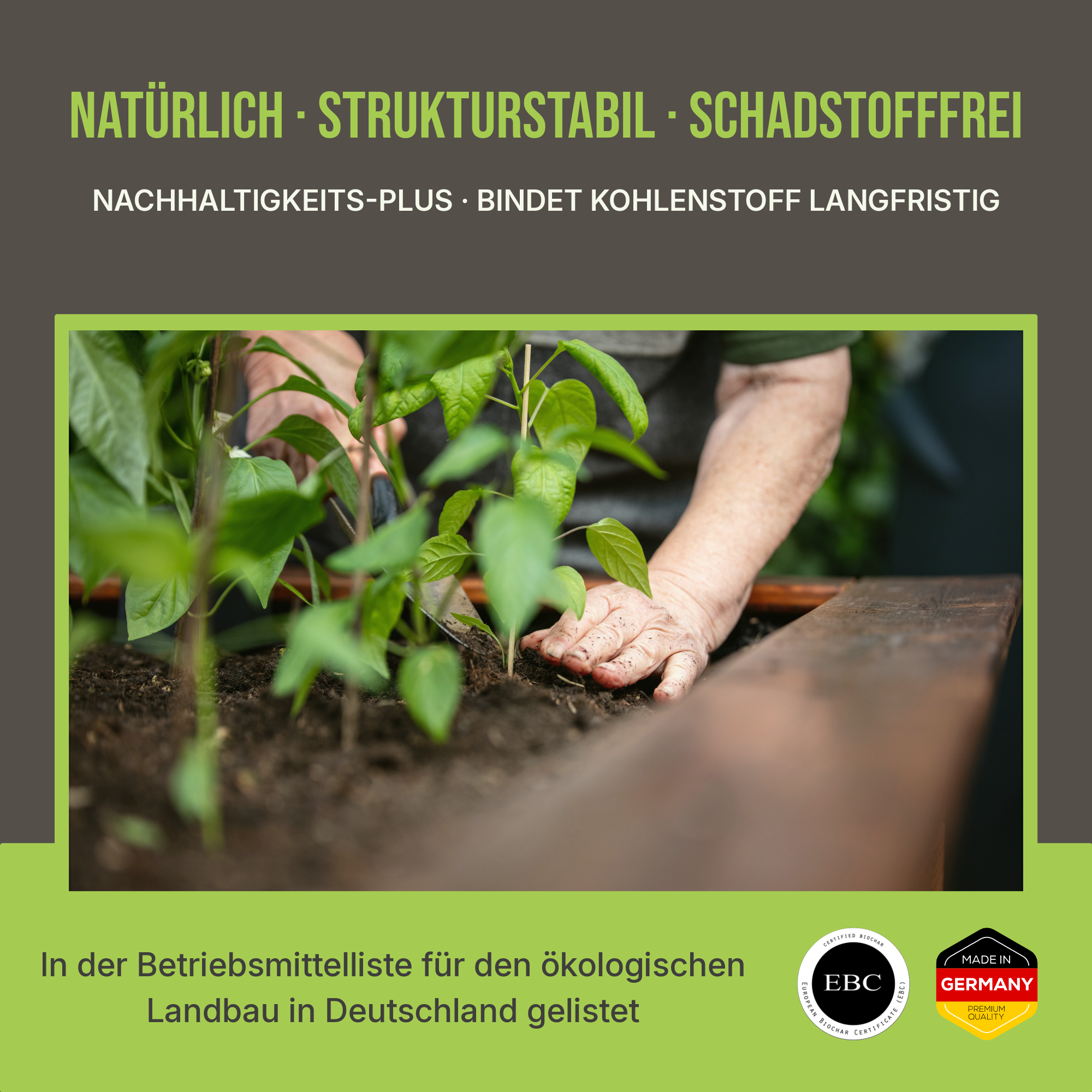 Vertrauenssiegel: EBC-zertifizierte Pflanzenkohle, Schadstoffgeprüft, torffrei und regional produziert in Zittau.