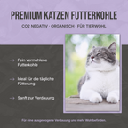 Infografik: Was ist Futterkohle? Erklärung der toxinbindenden Eigenschaften von Pflanzenkohle für Katzen.