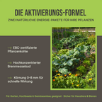 Produktübersicht des C44 Aktivierungssets vor einem Gartenhintergrund: Enthält 5 Liter Pflanzenkohle und 1 Liter Brennnesselsud.