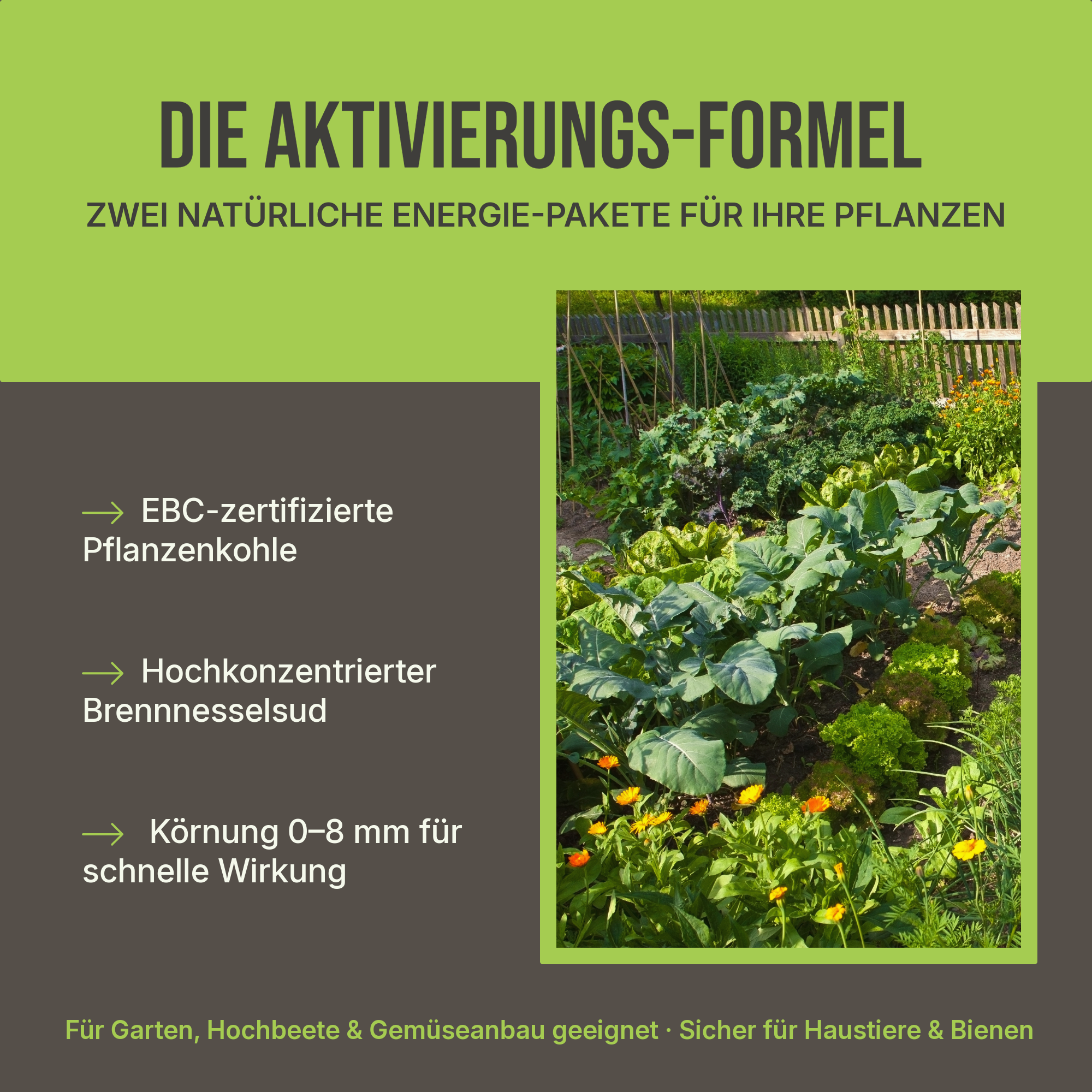 Produktübersicht des C44 Aktivierungssets vor einem Gartenhintergrund: Enthält 5 Liter Pflanzenkohle und 1 Liter Brennnesselsud.